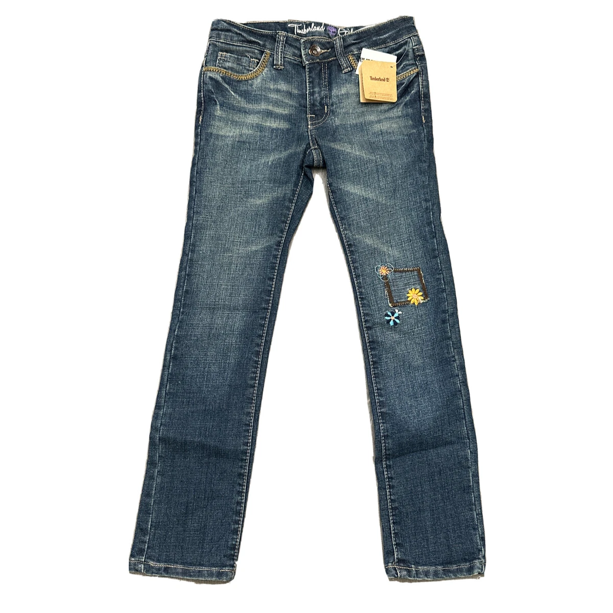 Timberland Girls Patch Jeans Medium Wash Straight Leg Size 8