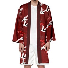 Men Crane Haori Kimono Yukata Longline Happi Jacket Cardigan Shirt Robe Summer