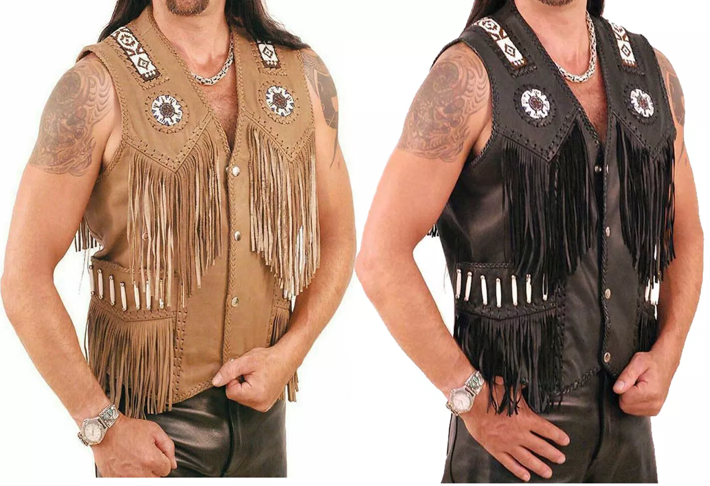 Gilet homme amérindien western cuir de vache franges perles et os 