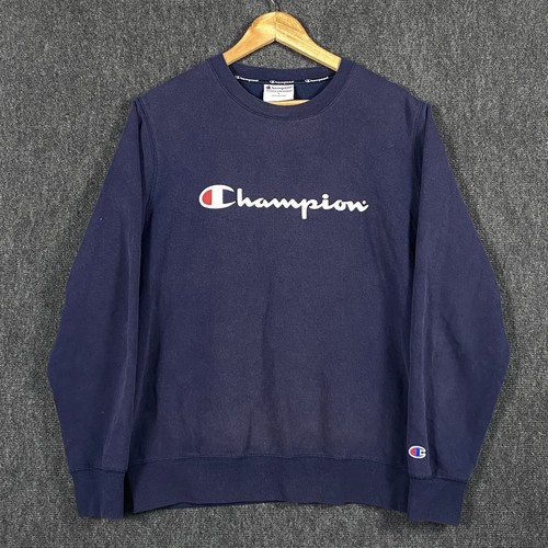 Champion Mens Large Pullover Sweatshirt Navy Lined Spell Out Logo Regular Fit