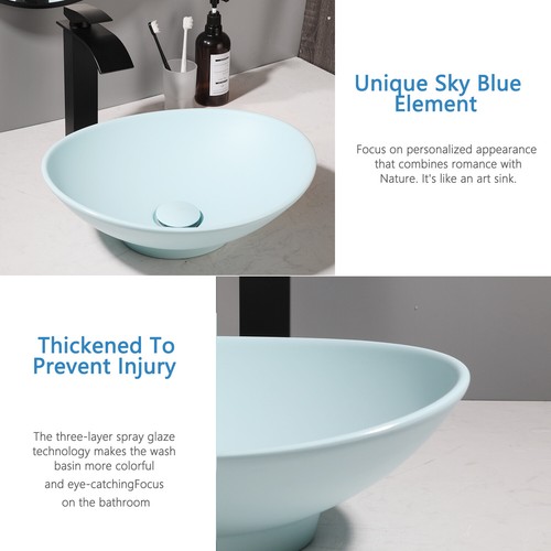 Sky Blue Bathroom Vessel Sink Oval Ceramic Basin Mixer Brass Drain Waterfall Tap - Picture 4 of 7