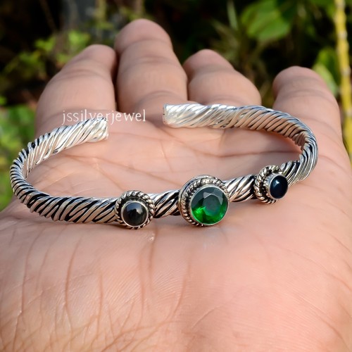 Bracelet Russe En Argent 925 Sterling - Diopside Et Pierre De Lune, Réglable, Fait Main