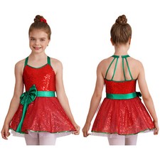 US Girls Christmas Dance Costume Sequins Caged Back Figure Ice Skating Dress