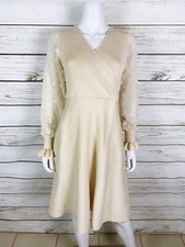 Chickwish Womens Sweater Dress Size L Oatmeal Beige Long Sheer Sleeves V-Neck