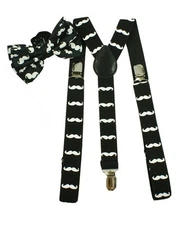 Black Mustache Adj Pre-Tied Strap Bow Tie&Mustaches Y-Back Adj Suspender Set-New