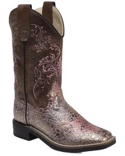 Old West Girls' ' Embroidered Metallic Western Boot Broad Square Toe -