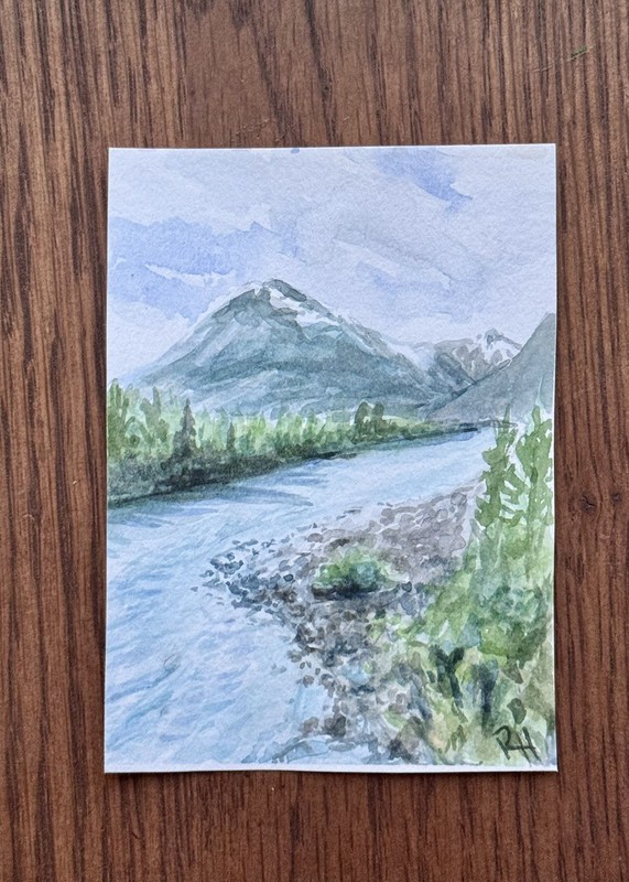 Original ACEO Watercolor Alaska Landscape Mini Painting Alaska Placer River