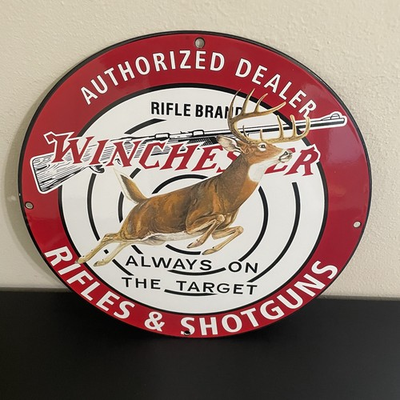 #ad VINTAGE WINCHESTER DEER AUTHORIZED SHELL HUNTING GASOLINE OIL PORCELAIN SIGN $60.00