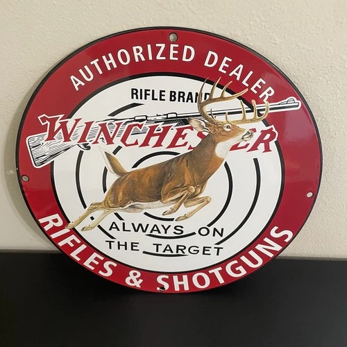 VINTAGE WINCHESTER DEER AUTHORIZED SHELL HUNTING GASOLINE OIL PORCELAIN SIGN