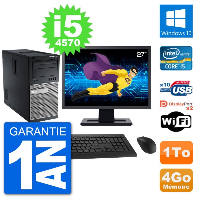 PC Tour Dell 7020 Ecran 27" Intel i5-4570 RAM 4Go Disque 1To Windows 10 Wifi
