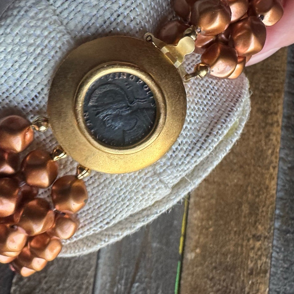 Vintage Carolee Gold Bead Strand Choker Necklace Roman Coin Clasp image 2