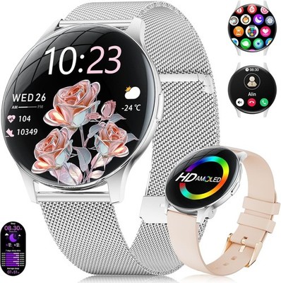Smartwatch Damen AMOLED 1,43'' mit Telefonfunktion Sportuhr Android, iOS - Silber