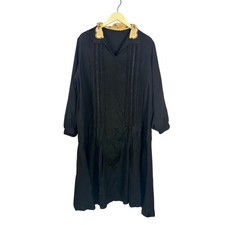 1920s Black Silk Drop Waist Dress Stumpwork Lace Collar Flapper Day Frock