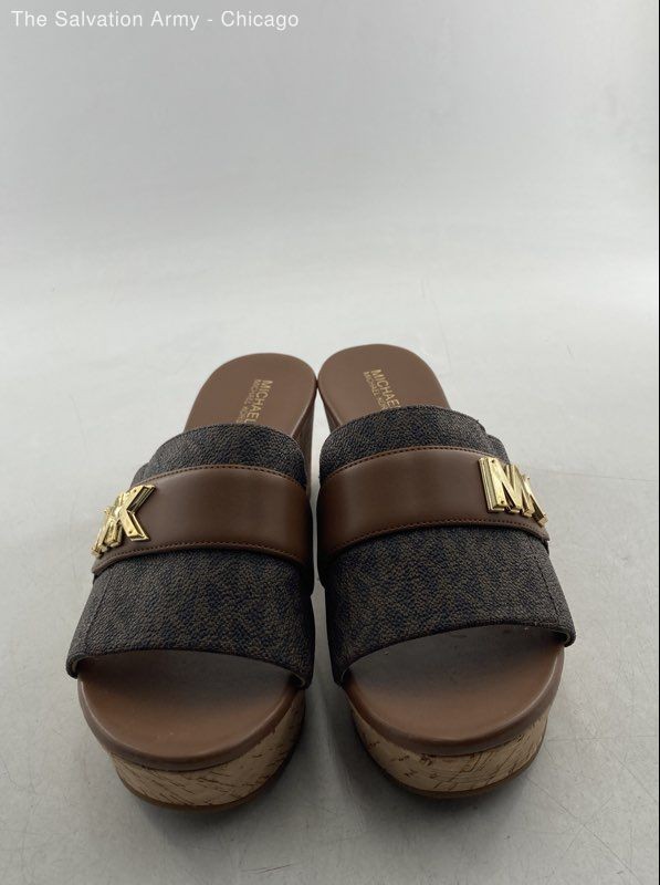 Michael Kors Womens Jilly Brown Monogram Leather Wedge Slide Sandals Size 7.5