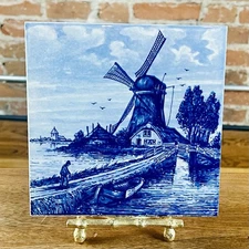Delft Blauw Tile Holland Dutch Windmill Canal Scene Blue And White Delftware