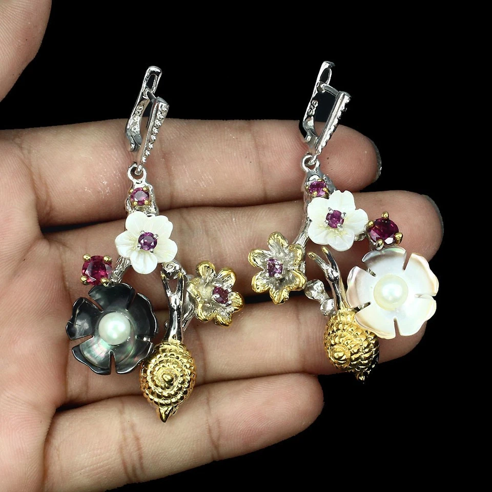 925 orecchini in argento Rodolite granato mocio fiori intagliato perla... - Immagine 2 di 4