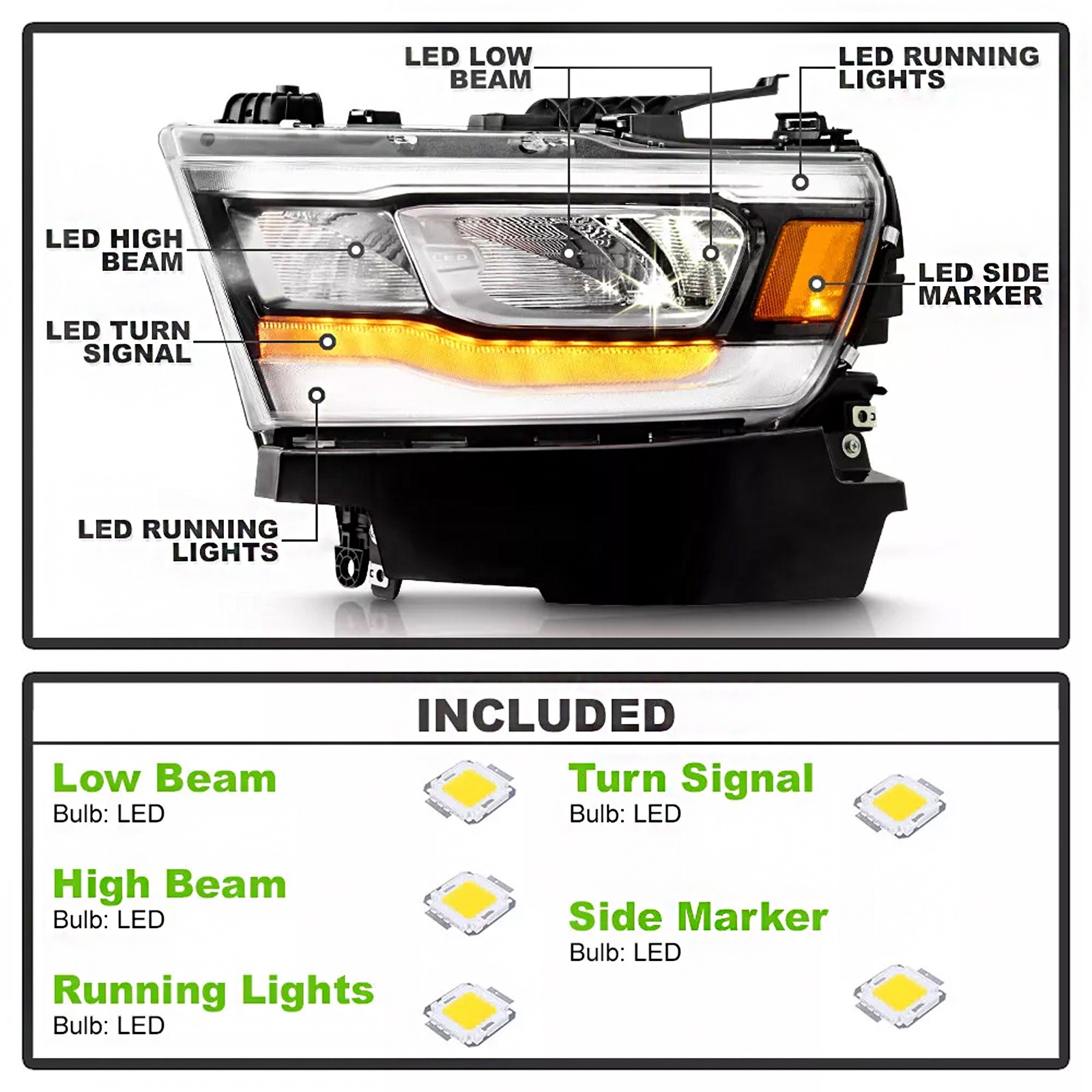 Full LED Headlight Assembly w/DRL Reflector Chrome Bezel For 2019-2023 RAM 1500