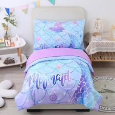 4 Piece Bedding Set for Girls Blue Purple Mermaid Bedding Sets Cartoon Scales...