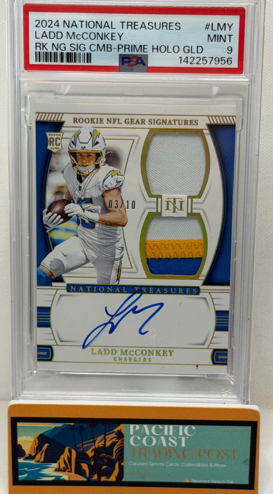 Ladd McConkey Panini National Treasures Rookie NFL Gear Signature Combos #LMY Prime Holo Gold