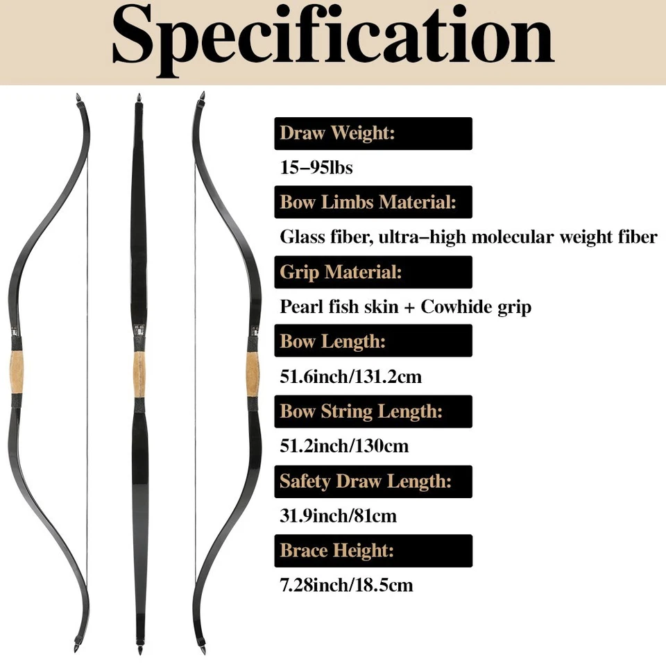 52" Traditional Bow Longbow 15-95lbs Handmade Cowhide Archery Hunting Shoot RHLH - Image 2 of 4