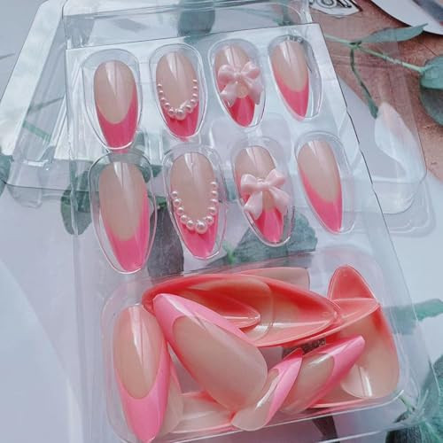 24Pcs Purple French tip Press on Nails Medium Almond Nails Pink Bow Pearl - 第 4/6 張圖片