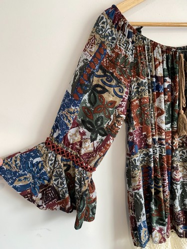 Missy Q Blouse Women Plus Sz 16 Maroon Red Green Gypsy Lace Hem Off Shoulder Top - Picture 2 of 14