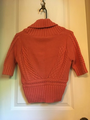 FREE PEOPLE MEDIUM CORAL CROPPED SWEATER PINK ORANGE SALMON SHORT SLEEVE - Picture 2 of 8