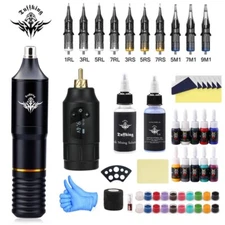 Tattoo Machine Kit Wireless Rotary Motor Pen Gun Color Inks Power Supply Needle