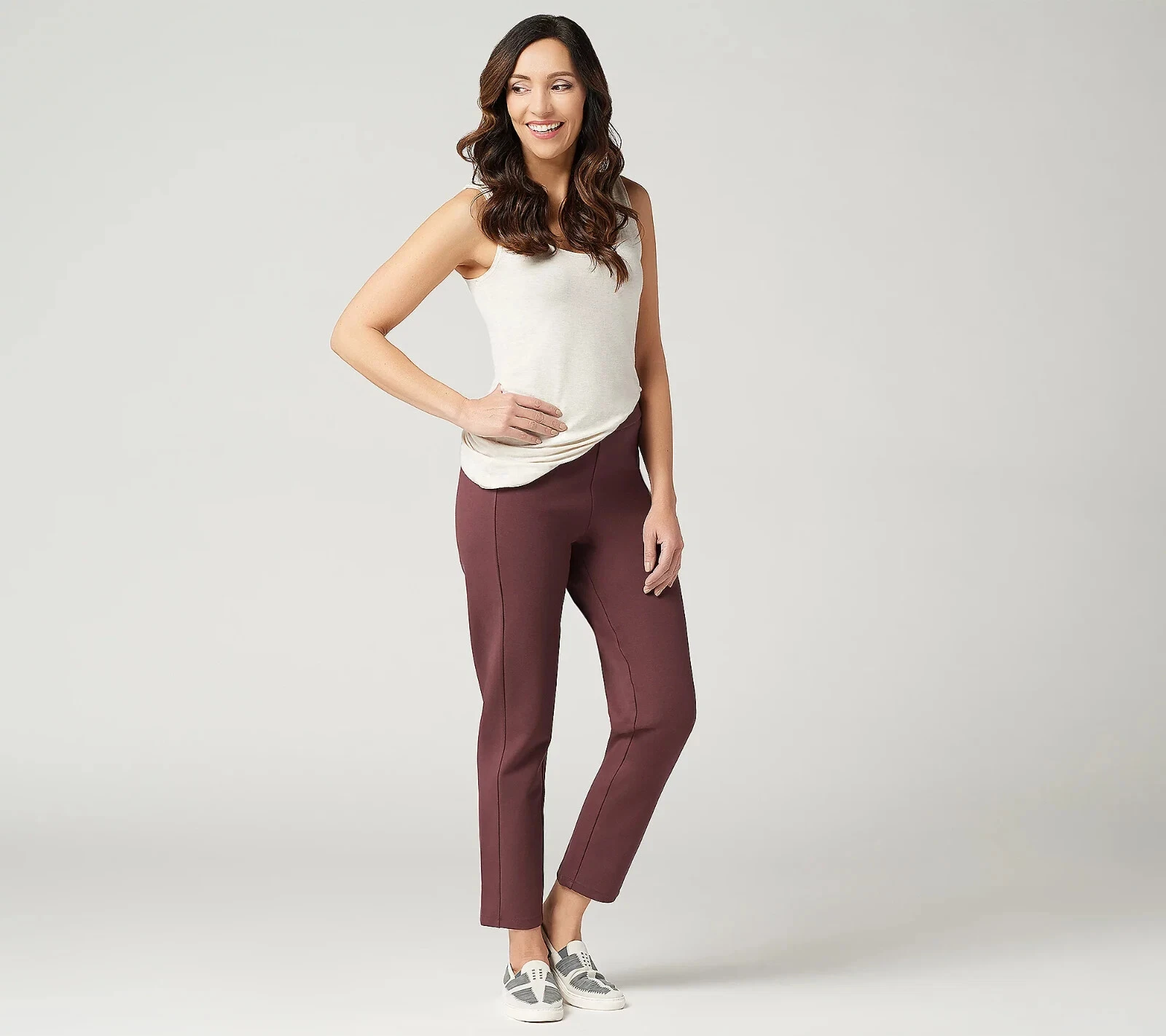LOGO Lori Goldstein Supreme Ponte pantalon pull on haute torsion, Bourgogne, grand, NEUF !