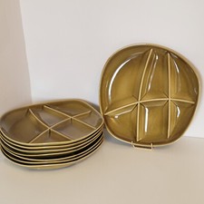 8 assiettes à fondue vintage faïence Salins couleur kaki