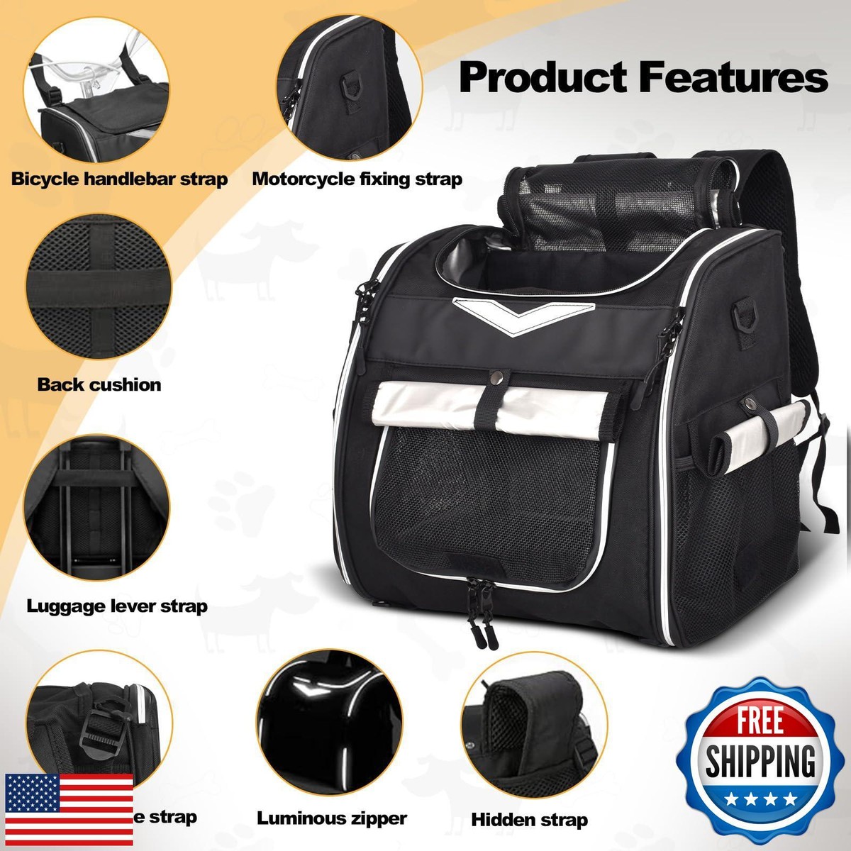 Pet Bike Basket Dog Bike Basket, Adjustable Straps Dog Backpack