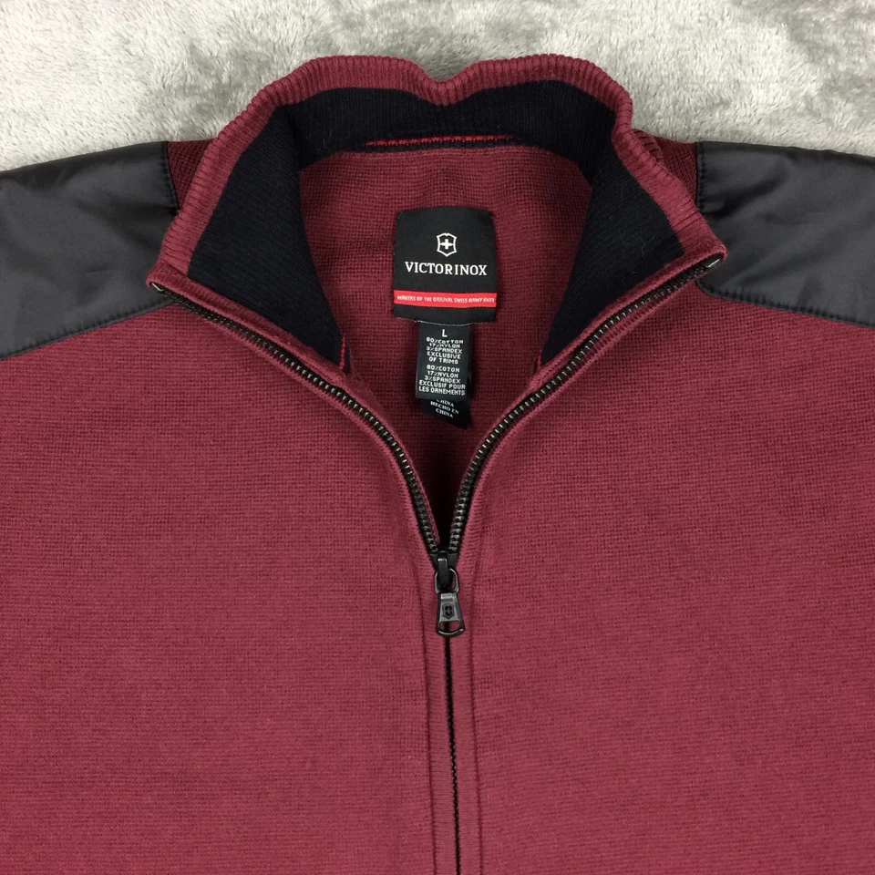 Victorinox Sweater Mens Large Full Zip Burgundy Elbow Patches Cotton Blend - Image 3 of 4