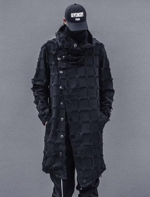 Dark Irregular Mid Length Turtleneck Scarf Hooded Trench Coat Mens