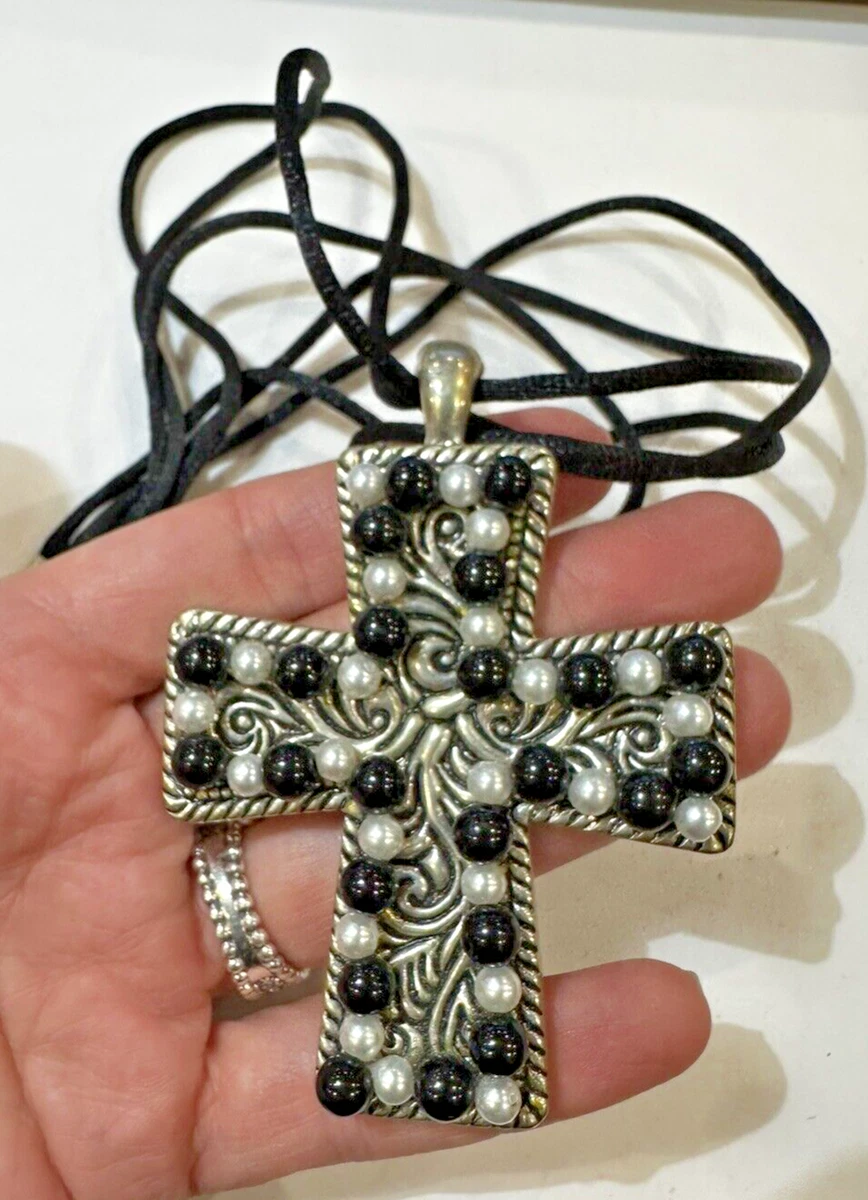 Vintage Chunky Silver tone Black Pearl Beads Cross Pendant Cord