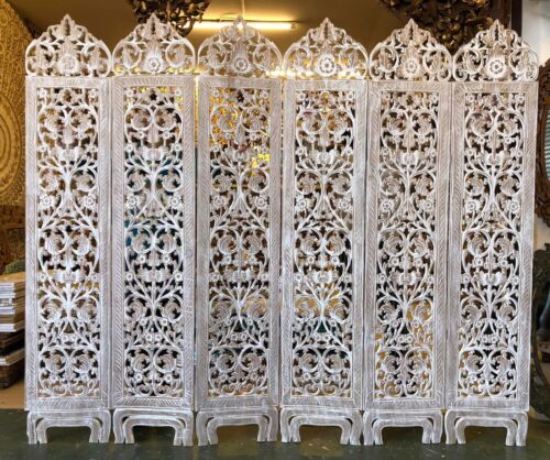 6 Panel Carved Wood Floral Scrolling Room Dividers Portable Folding Wall Privacy - Picture 1 of 12