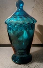 Hand Blown Peacock Blue Art Glass Covered Jar / Candy Dish — Blenko Style