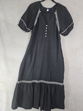 Old Navy Peasant Cottagecore Maxi Dress Medium Gauze Black Embroidery Vneck 