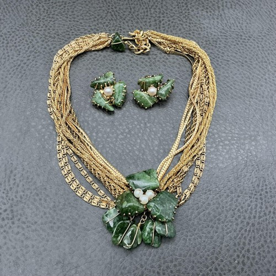 #ad Vintage Kramer Green Stone Necklace Earrings Set Gold Tone Pearl Statement $129.99