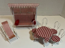 Dollhouse Patio Set Striped Swing Canopy Chair White Metal Mid Century & Table