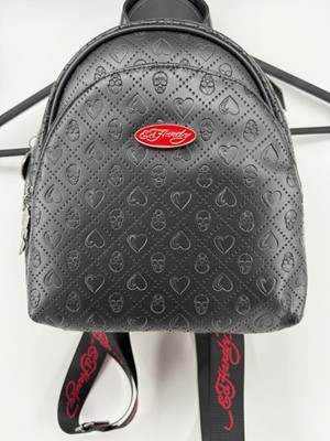 NEW ED HARDY Cara Black Heart Skull Print Mini Vegan Backpack