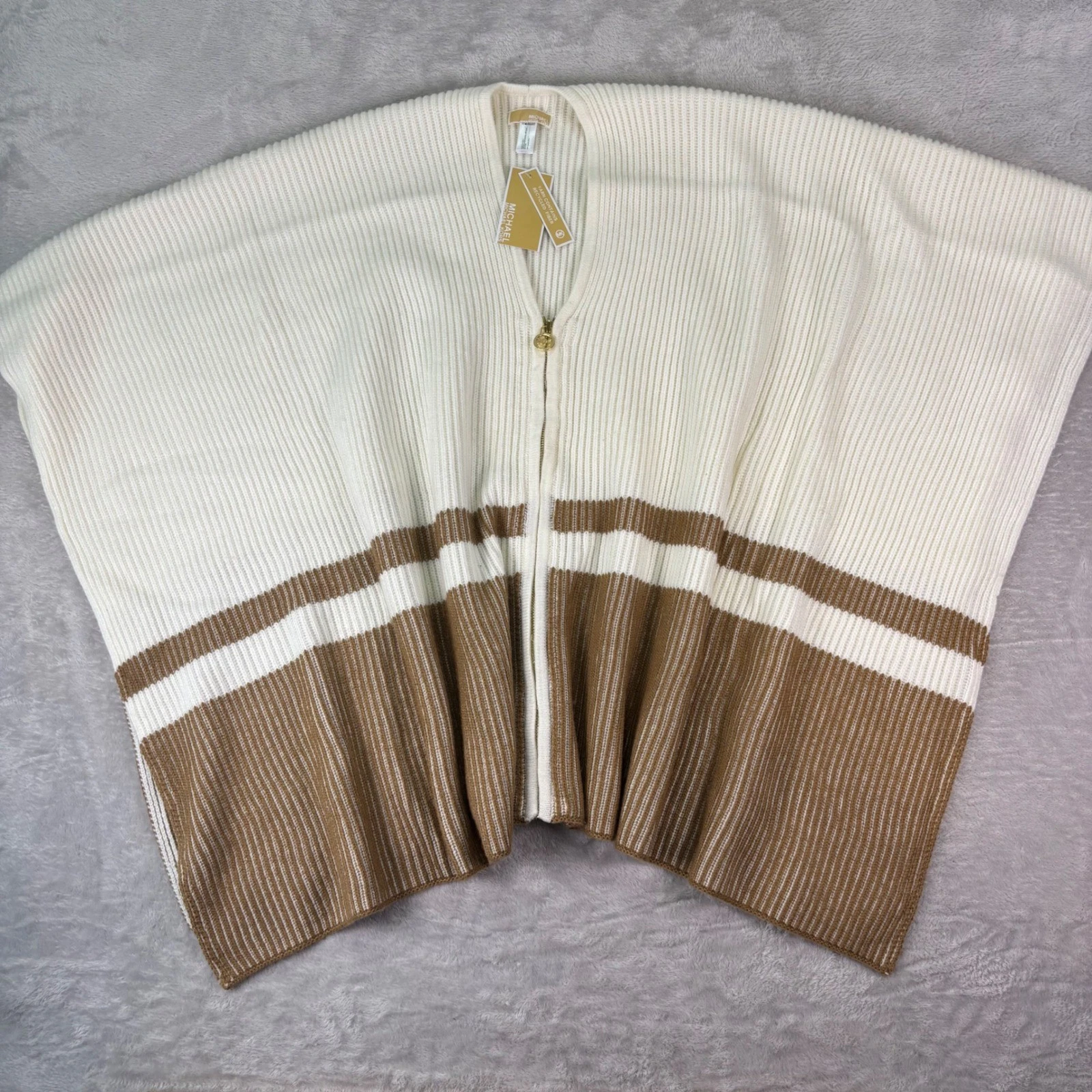 NWT Michael Kors Women's Fisherman Rib Poncho Cream Tan Zip Knit One Size Chic