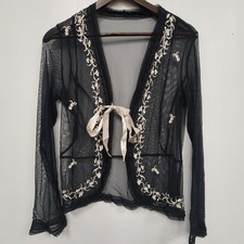 Y2K Whimsigoth Sheer Mesh Top Size L Black Beaded Tie Front Embroidered Flare