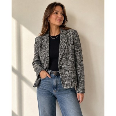 Emma James Liz Claiborne Tweed Blazer Women's 10 BlackWhiteTexturedCareer Jacket