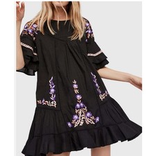 FREE PEOPLE Black Floral Embroidered Pavlo Dress Medium Boho Relaxed Shift 