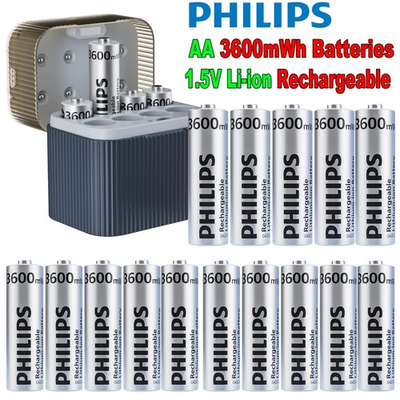#ad Philips Rechargeable AA Batteries 1.5V 3600mWh Li ion Battery Lot Charger Box $64.99
