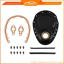 Black Steel Timing Cover Kit W/ Gaskets & Bolts For SB Small Block Chevy 283-350