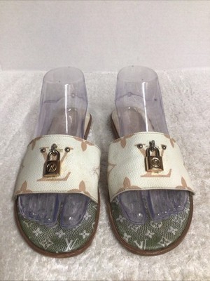 Louis Vuitton Lock It Flat Sandals - White, Green, Tan Logo Women s 40 READ