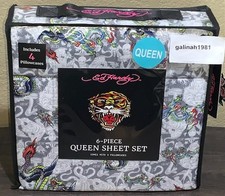 Ed Hardy Dragons Tigers Tattoo Print 6pc QUEEN Sheet Set w/4 Pillowcases