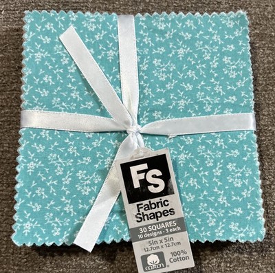 Joann Fabrics 5''x 5 '' Fabric Pack Turquoise White Floral Dots 30 pcs.10 Designs