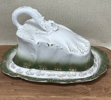 Vintage Glazed Green White Gold Cheese Keeper Butter Dish Dragon Handle
